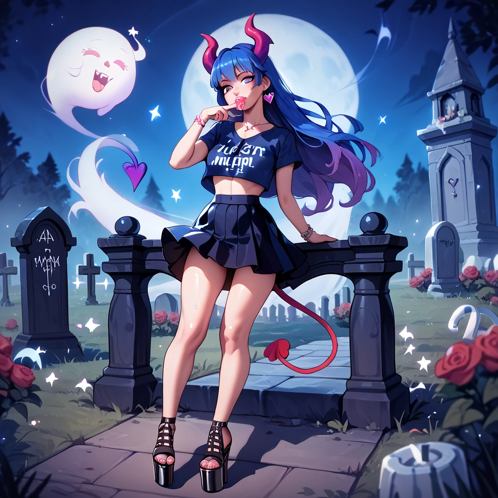 girl in short skirt, neckline, platform heels and devil's tail asking for candy at midnight in a cemetery, surrounded by tender ghosts