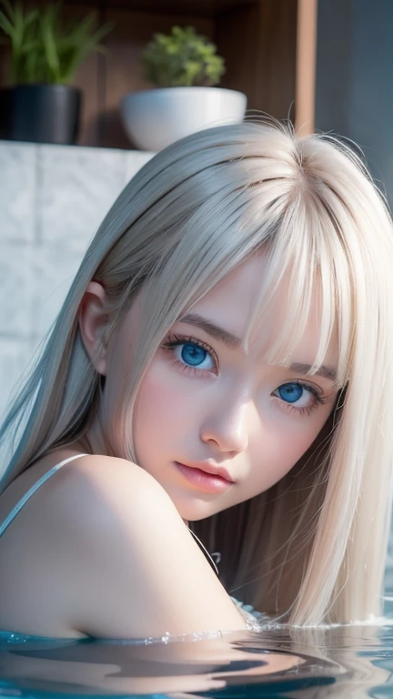  1 -facery super long hair ,  high res, Extremely bright blue eyes, Very big bright iris eyes、Platinum Blonde, bangs, 目の間のbangs, very beautiful very long hair ,  people in the hot water room 、Hair in the eyes, round face、Small Face Beauty、 big breasts, とても白い people in the hot water room 