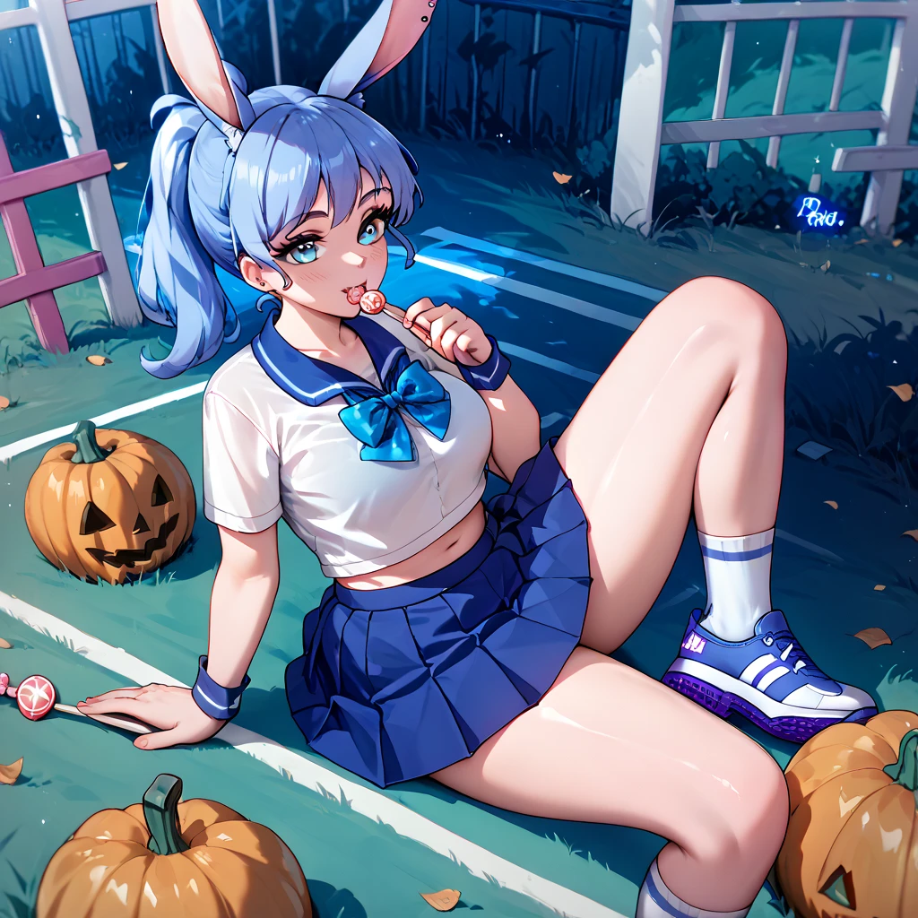 girl in short school skirts , neckline, blue tennis shoes, Half-thigh socks and rabbit ears asking for candy at midnight in a cemetery centered on a pumpkin while little ghosts fly around it