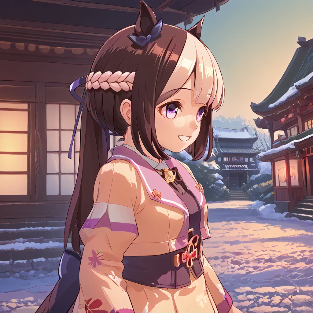 best quality, absurdres, masterpiece, 1人の女の子
special week \(Uma Musume\), 
masterpiece, ultra realistic, 32k, extremely detailed CG unity 8k wallpaper, best quality, soft lighting, solo, ponytail, kamisato ayaka (heytea), official art, official alternate costume, kamisato ayaka, blunt bangs, hair bow, hair ribbon, red ribbon, red kimonos, flower, outdoors, cherry blossoms, 1girl, black bow, cate , masterpiece,ultra realistic,32k,extremely detailed CG unity 8k wallpaper, best quality, stunning environment ,vibrant colors (long flared kimono sleeves:1.1),(braided boots:1.3), fake fur, delightful, cheerful grin, tall, 30-year-old, adult, beautiful, upper body, outside, in the city, at night, with snow