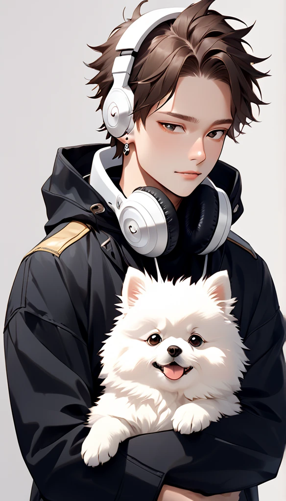 "A young man with bright brown hair, bright skin, and the soft expression , wearing an oversized black jacket.  He wears silver headphones around his neck and has earrings in his left ear .  The man hugs an adorable looking white fluffy Pomeranian dog.  The background is plain white ,  gives full focus to the character of the man and his dog ."