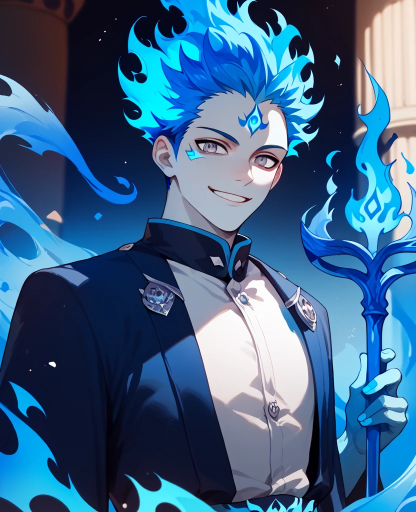 man, flaming hair, white skin, anime style, blue fire powers, gray eyes, blue hair, four eyes, short hair, smile, blue energy trident, blue fire, blue flame throne, spiky hair, blue flame lake, blue japanese temple, Poseidon 