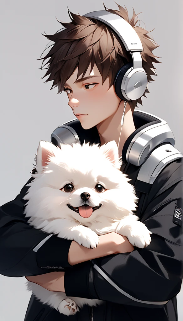 "A young man with bright brown hair, bright skin, and the soft expression , wearing an oversized black jacket.  He wears silver headphones around his neck and has earrings in his left ear .  The man hugs an adorable looking white fluffy Pomeranian dog.  The background is plain white ,  gives full focus to the character of the man and his dog ."