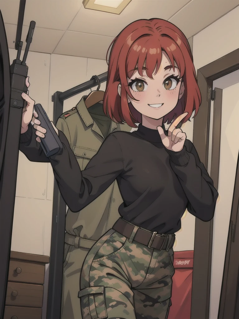  A  smile girl with short red hair is worth asking, in front of the closet , thin black sweater, camouflage pants, army belt, army, hants to pants 