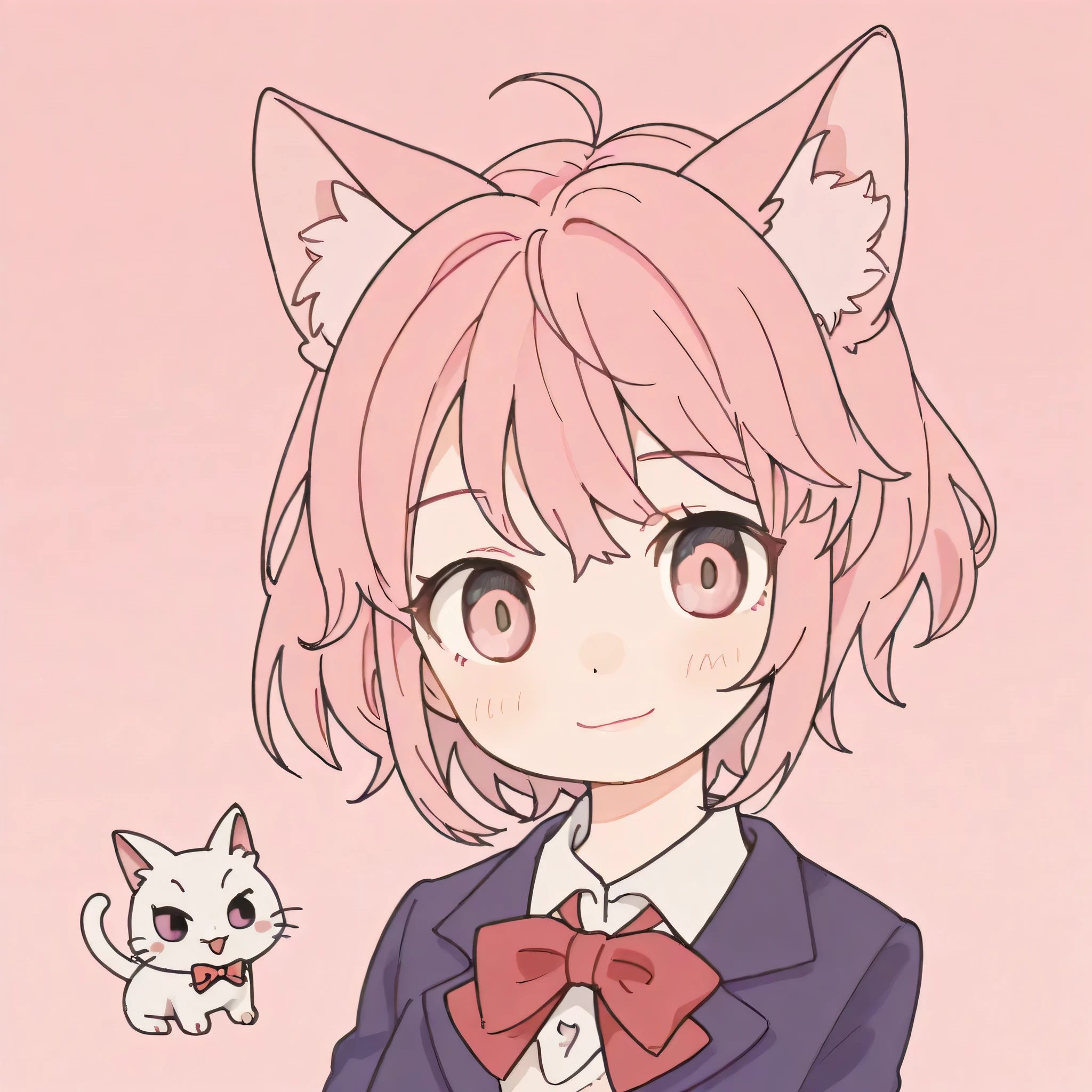 chibi, score_9, score_8_above, score_7_above, source_anime, INTERVAL
1girl, Alone, looking at viewer, gradient background, above body, light smile,
Aira Shiratori, pink hair, with cat ears, short hair, pink eyes,
school uniform, blue blazer, white collared shirt, red bow tie, solid pink background