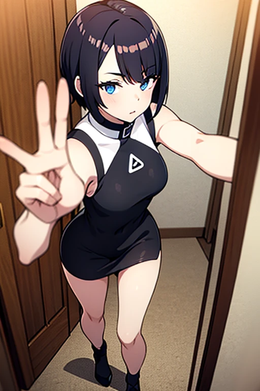 1girl, short hair, silver hair, scholl uniform, full body illustration, highress, 4K.
Eyes:
heterochromatic, left eyes is blue, right eyes is red. 
Clothing:
The character is wearing a sleeveless, jet-black top with a high collar. The design features vertical knit patterns, adding a simple yet elegant texture. The fit is tight, accentuating the body’s curves.

Pose and Style:
The character is taking a selfie from an upper angle. One hand is holding the camera (not visible in the image), while the other hand makes a "peace" sign with her fingers. Her body is slightly tilted toward the camera, creating a friendly and engaging vibe.

Background:
The background depicts a room with simple light brown walls and a wooden door. Part of the phone's frame is visible around the edges of the image, emphasizing that it is a selfie.