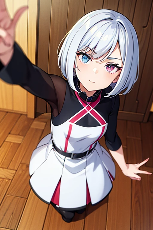 1girl, short hair, silver hair, scholl uniform, full body illustration, highress, 4K.
Eyes:
heterochromatic, left eyes is blue, right eyes is red. 
Clothing:
The character is wearing a sleeveless, jet-black top with a high collar. The design features vertical knit patterns, adding a simple yet elegant texture. The fit is tight, accentuating the body’s curves.

Pose and Style:
The character is taking a selfie from an upper angle. One hand is holding the camera (not visible in the image), while the other hand makes a "peace" sign with her fingers. Her body is slightly tilted toward the camera, creating a friendly and engaging vibe.

Background:
The background depicts a room with simple light brown walls and a wooden door. Part of the phone's frame is visible around the edges of the image, emphasizing that it is a selfie.