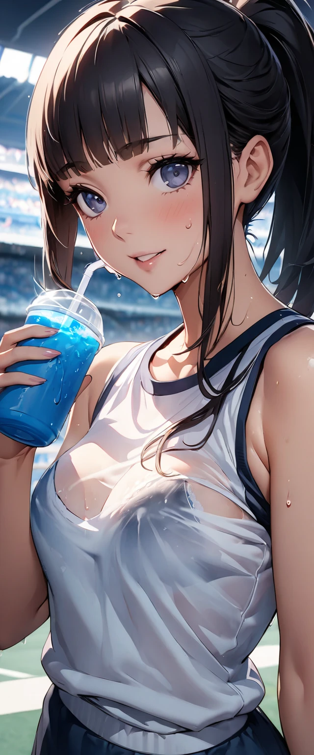 (((masterpiece)))、(( top quality ))、( super detailed )、(CG illustration)、(Very beautiful woman))、 cinematic light、((1 Female))、 、(Beautiful and luxurious:1.2)、( One Woman :1.3)Sports Stadium,,((Japanese white sleeveless gym clothes), wet with sweat ,Beautiful ponytail,Drink a sports drink,,Rokka,( the clothes show through and you can see the bra)