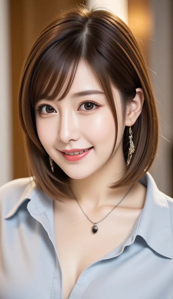 Profile photo、12Ｋ、ＨＤＲ、 bits deep 10 bits 、 cute hair ornament、Hair tied up、 charming posing、 (  realistic  ) , (photo  realistic  :1.4), masterpiece,  is very delicate and beautiful ,  very detailed bust ,(  light brown haired  )、A woman who exudes adult appeal  、 clear white skin  、((( White teeth are visible)))、  random hairstyle  、(( looks at the viewers and smiles)) 、  light brown eyes、  random pose 、Portrait Style、 smiling happily、 cleavage、 collared shirt、