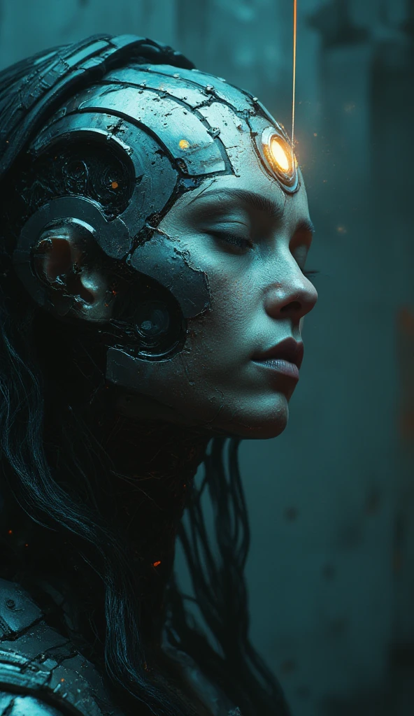 An unearthly and hyper-detailed closeup of a cybernetic being’s face in the style of ck-ncr, Her features are a flawless fusion of synthetic flesh and intricate machinery, glowing faintly in a gradient of blue and gray. Her expression is serene, almost divine, with eyes half-closed as if in meditation. The details of her face reveal microfilaments of light coursing beneath translucent synthetic skin, seamlessly integrated with polished metallic components. Delicate cables extend from the edges of her face, disappearing into the dark, misty background. Faint reflections of cascading streams of shimmering code play across her features, as if she is the nexus of a vast digital consciousness. A soft, radiant glow emanates from the center of her forehead, symbolizing transcendence and enlightenment. The atmosphere around her is veiled in shadow, dense with static haze and punctuated by the faint outlines of decaying technology, evoking a sense of humanity’s forgotten past. The lighting is cinematic, with soft, volumetric beams highlighting her ethereal presence, creating an intense and unsettling mood of otherworldly beauty and profound transformation., transmitting streams of data that cascade like waterfalls of shimmering code. Above, her face is serene, almost otherworldly, with eyes closed as if in quiet meditation,body flows into a large, curved, rainbow-hued arc that stretches across the image, blending into the background., radiating a sense of liberation.
