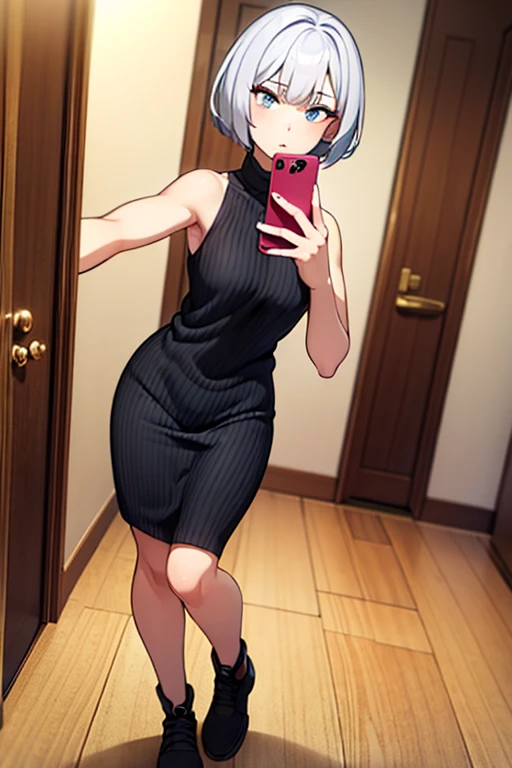 1girl, short hair, silver hair, full body illustration, highress, 4K.
Eyes:
heterochromatic, left eyes is blue, right eyes is red. 
Clothing:
The character is wearing a sleeveless, jet-black top with a high collar. The design features vertical knit patterns, adding a simple yet elegant texture. The fit is tight, accentuating the body’s curves.

Pose and Style:
The character is taking a selfie from an upper angle. One hand is holding the camera (not visible in the image), while the other hand makes a "peace" sign with her fingers. Her body is slightly tilted toward the camera, creating a friendly and engaging vibe.

Background:
The background depicts a room with simple light brown walls and a wooden door. Part of the phone's frame is visible around the edges of the image, emphasizing that it is a selfie.