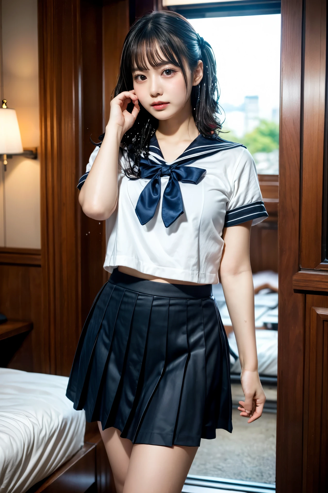 Shyness、smile、((NSFW))、((camel toe))、((female organ:1.1))、(masterpiece, best image quality:1.2), 8k, beautiful girl, (When I lift up my short navy blue skirt, you can see her naked lower body.、I can see your crotch:1.8)、short sleeveの白シャツ、cute face、 body shot、school uniform、 (navy pleated skirt:1.1)、thighs、short sleeve、sunset、orange light、Tucked up skirt