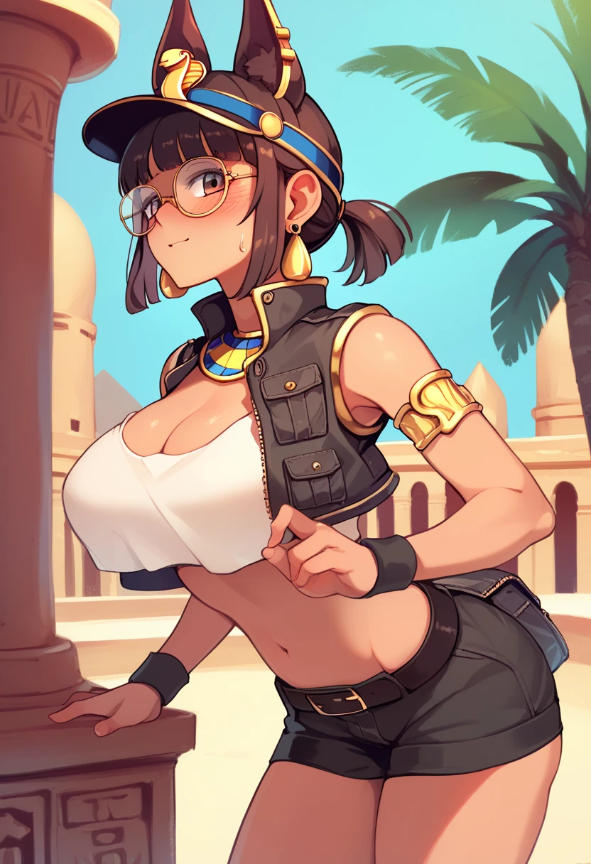 (Masterpiece, Best Quality, High Quality), anime style, fio germi, glasses, cropped jacket, hat, shorts, brown hair, short ponytail, 8k wallpaper, looking at viewer, earrings, outdoors, erotic figure, (blushing:1.2) , Egypt, dbp, pharaoh pose, profile picture,big breasts, cleavage