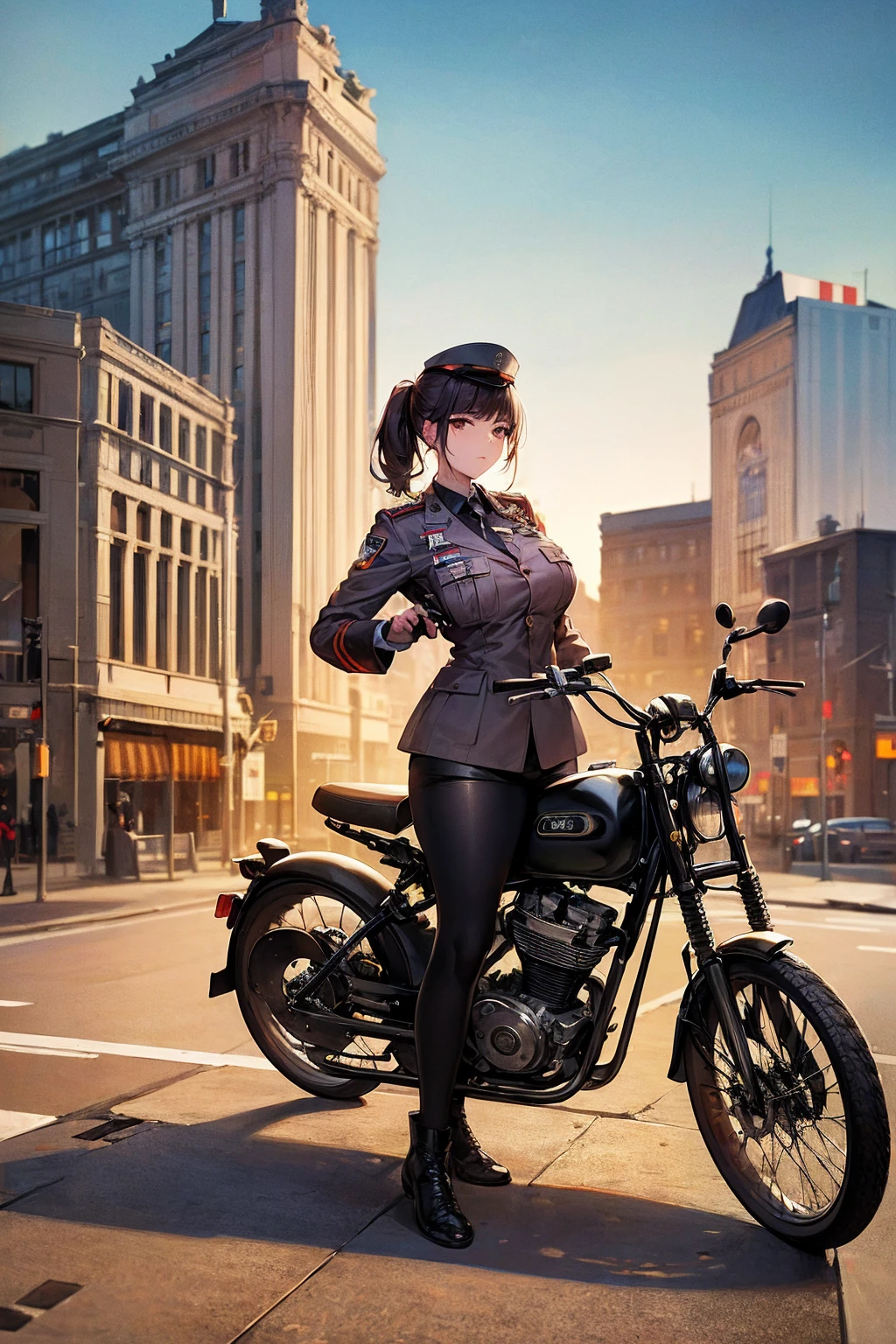 masterpiece,最 High Quality , high res,Extremely clear 8K wallpaper, High Quality , armybiker style, 1girl, uniform, goggles、vintage army bike, mechanical arms, gigantic breast