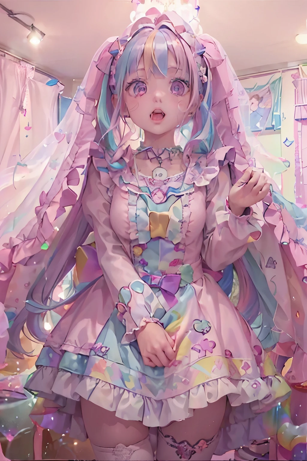 (8k, top quality , Masterpiece : 1.2), super high res, beautiful women, super detailed face, DETAILS EYES ,Nose Flash ,( pink hair, Light blue multicolored hair pose with ),Bang, twin tails, are expressionless, open your mouth,break, sailor collar, Candy Pattern ta Fashion, WHITE KNEE HIGH SOCKS , lavender-colored dress ,Detailed hand and fingers,( rainbow-colored light from heaven :1.4), is standing, Pink Bed with Canopy 、 cute room