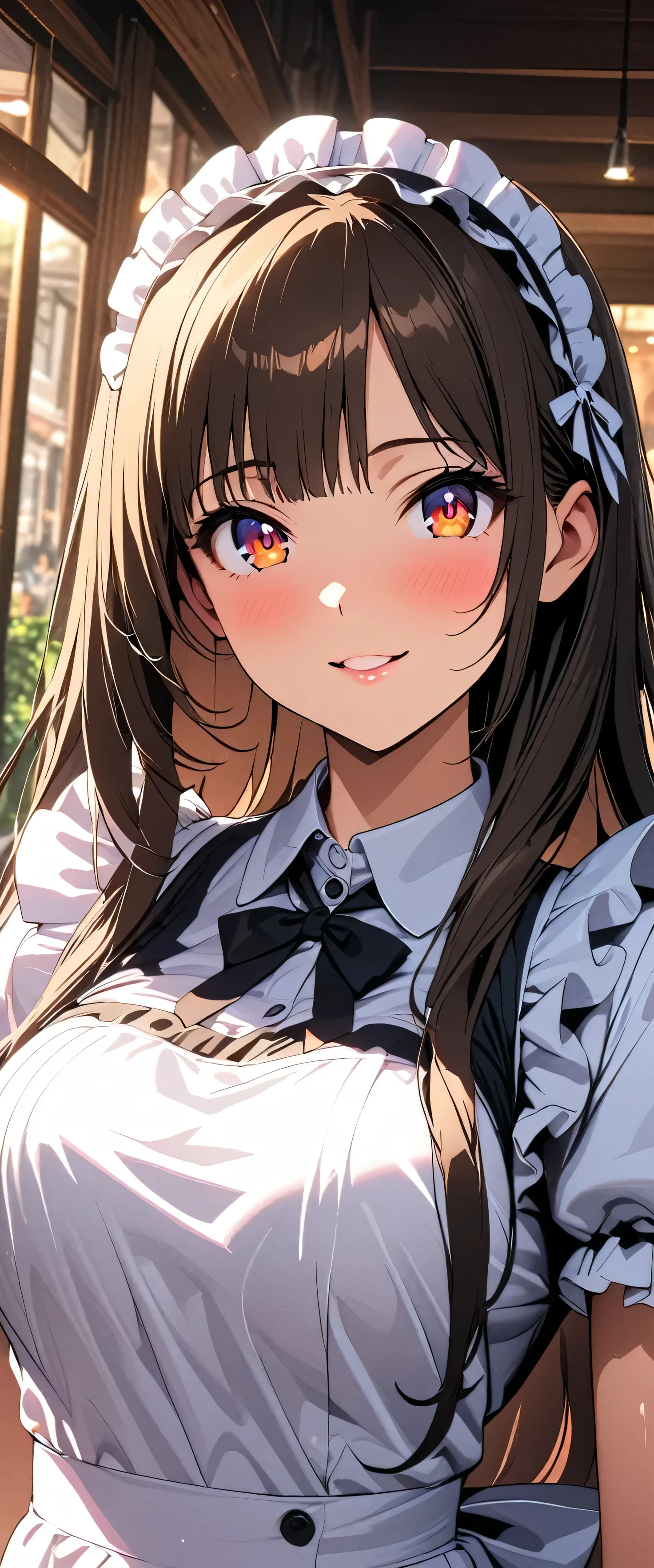 ( beautiful girls:1.3), One girl ,masterpiece, top quality , super high res, rich contrast, super high definition ,8k, Highly Detailed CG Unit Wallpaper , texture ,Unbelievably ridiculous, super high res, top quality anime, professional photos , is very delicate and beautiful , RAW photo,Depth of written boundary 1.2, super detailed eyes, growing skin, beautiful shiny lips , glitter effect ,(Brown Hair, long hair),bashou \( Senran Kagura\), maid cafe , maid clothes, happy ,(A Japanese man brewing tea )
