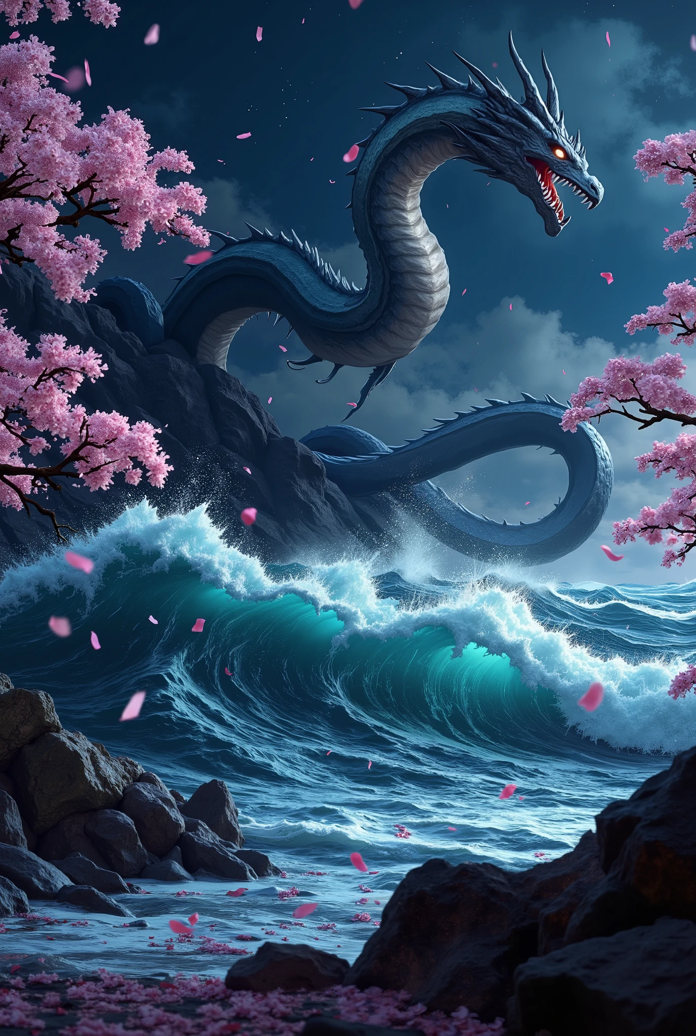 Beautiful Picturesque Fantasy Style , Fantasy, fantasy,  Sea waves Rise to the heights swirling with the wind Dragon from myths Big beautiful like a Snake emerges from the Water ,  splashes of water all over fall on the rocky shores where sakura blossoms and leaves circle beautifully throughout the picture as if in a magical dance of gentle flowers with blue smoky tinted,  everything happens in the night with bright and sparkling stars ,  masterpiece fails,  maximum quality,  better quality ,  complex parts, 8 k,  dynamic shadows ,  dramatic lighting , 