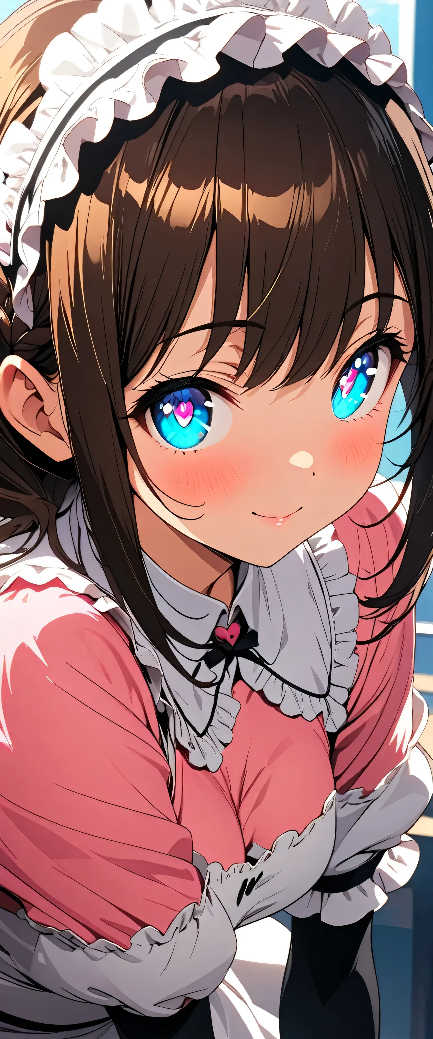 (Close up on beautiful eyes:2.0),(beautiful girl:1.3),masterpiece,Please redeem,Ultra-high resolution,Very high quality,8k,Highly detailed CG unit wallpaper,Texture,So ridiculous,RAW Photos,Highest quality anime,anime-style illustration,studio anime style,professional photograph,an extremely delicate and beautiful,Depth of written boundary 1.2,ultra-detailed eyes,Glowing Skin,Glitter Effect,Beautiful glossy lips, big eyes, round eyes,Sit and pose,(Brown Hair,Crown braid),bashou \(Senran Kagura\),Maid Cafe,Maid uniform,Dynamic Angle,look up:1.3,Friendly atmosphere,Beautiful Hair,Shiny Hair,Detailed face and eyes,Curvy Women,swept bangs,smile,closed mouth,