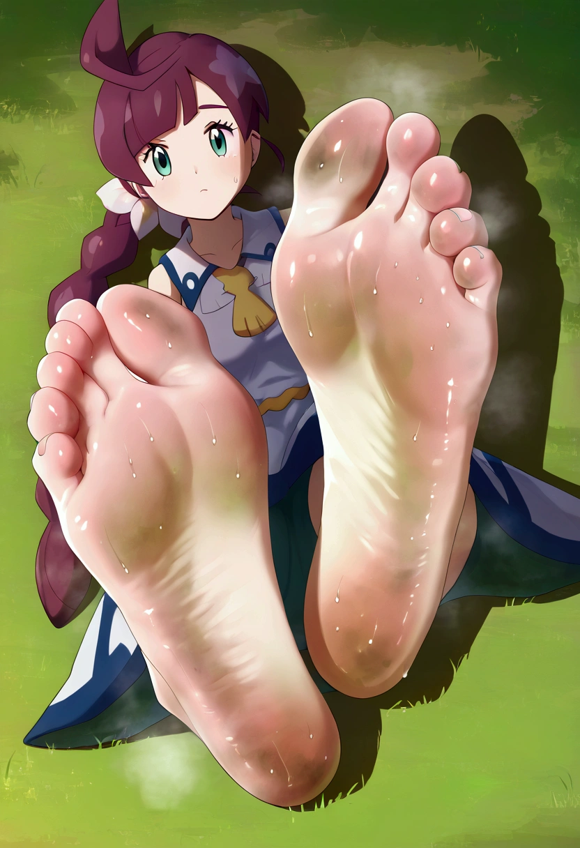 1girl, Chloe cerise (Pokemon) ,, soles, [dirty feet:0.6], feet, barefoot, (absurdres, masterpiece, best quality, very aesthetic), perfect toes, cleavage, 2soles, steamy feet, (((smelly feet, sweaty feet)))