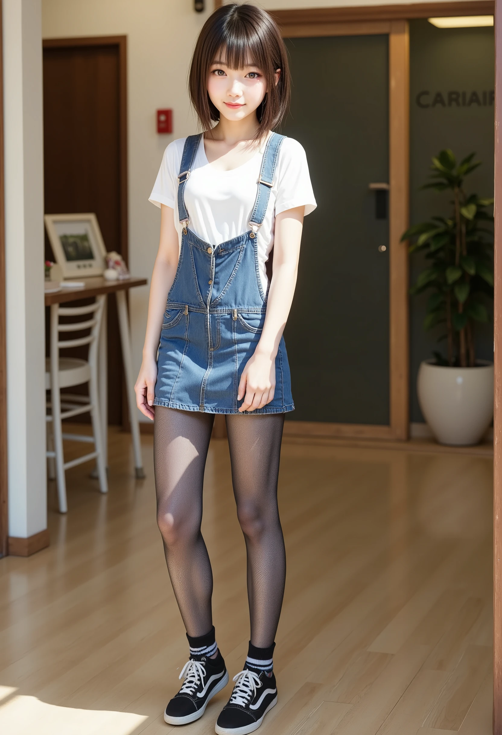 super real , photorealistic , she looks very happy , shadow, Global Pi Illuminations , alone, (Teenage Japanese Girl:1.5), very beautiful and delicate Japanese girl , very beautiful、 smile ,  beautiful legs 、 long sleeve blouse 、  skinny denim、 socks、 sneakers、 facing forward， full body photo ，
