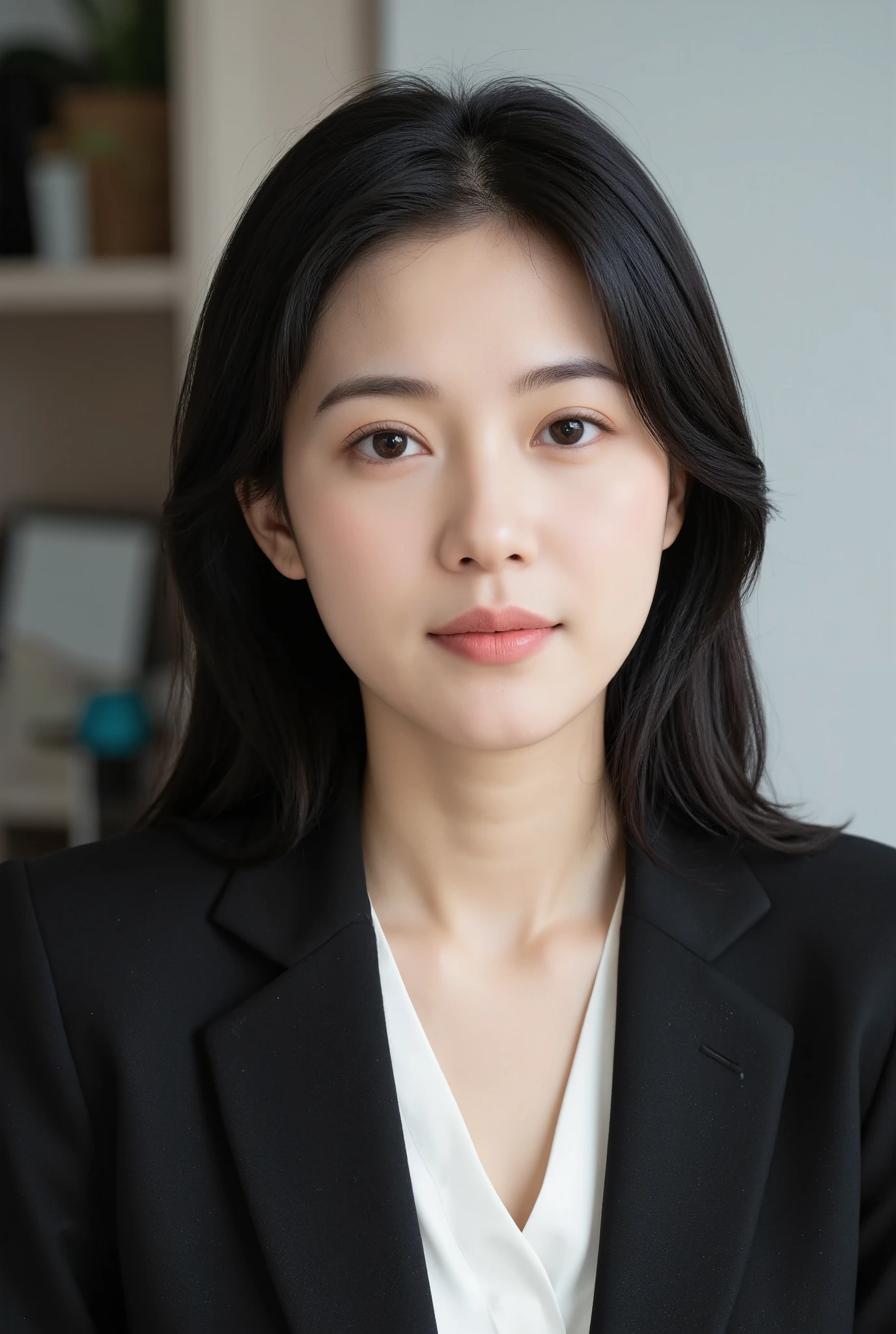 Chinese woman in her mid-30s, sleek black hair, minimalist style, subtle makeup, modern office background