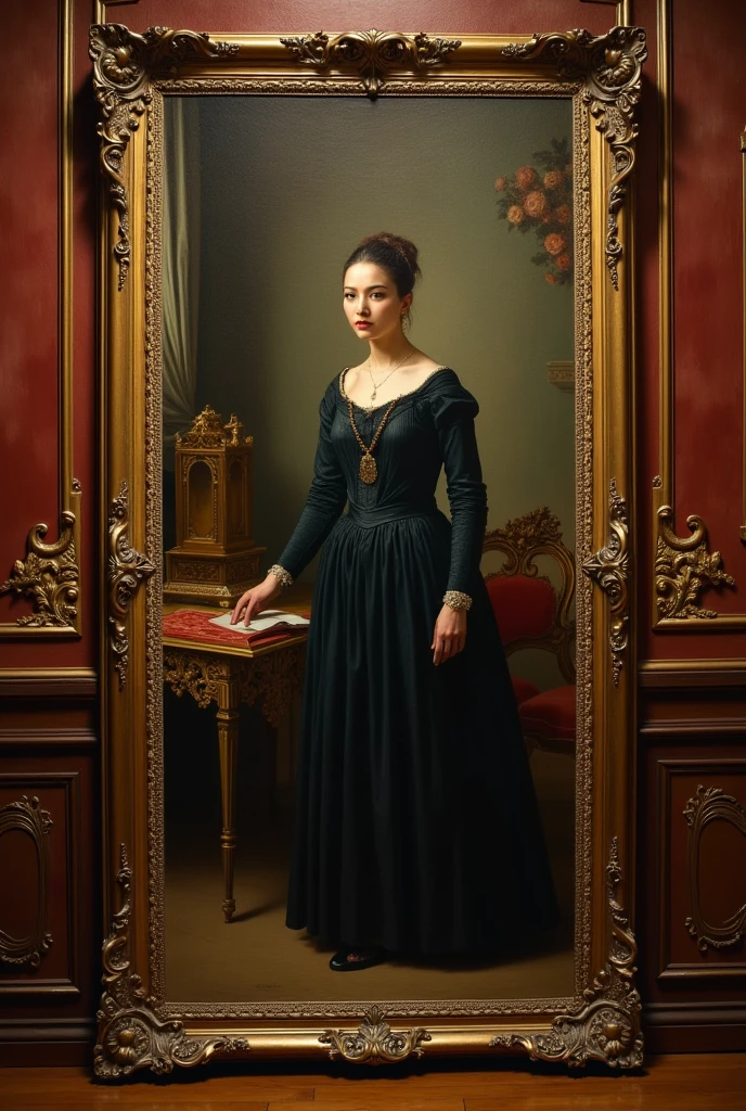 Mona Lisa with her husband for photo, gentle expression, full body portrait, shoes, catwalk, masterpiece, highest quality, high quality, highly detailed CG unit 8k wallpaper, award winning photo, bokeh, depth of field, HDR, flood, chromatic aberration, realistic, very detailed, art station trend, CGsociety trend, complex, high detail, dramatic, midway art, volumetric lighting