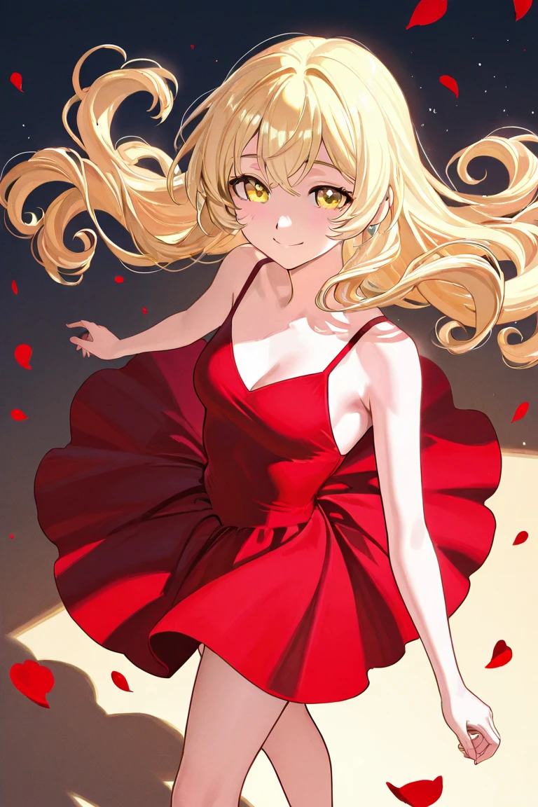 masterpiece, 1girl, solo, from behind, skirt lift, looking back, blonde hair, green eyes, bare shoulders, smile, red dress, jewelry, off-shoulder dress, earrings, looking at viewer, long twintails, ribbon, floating hair, hair between eyes, frilled dress, parted lips, hair flower, halterneck, sleeveless, choker, black background
