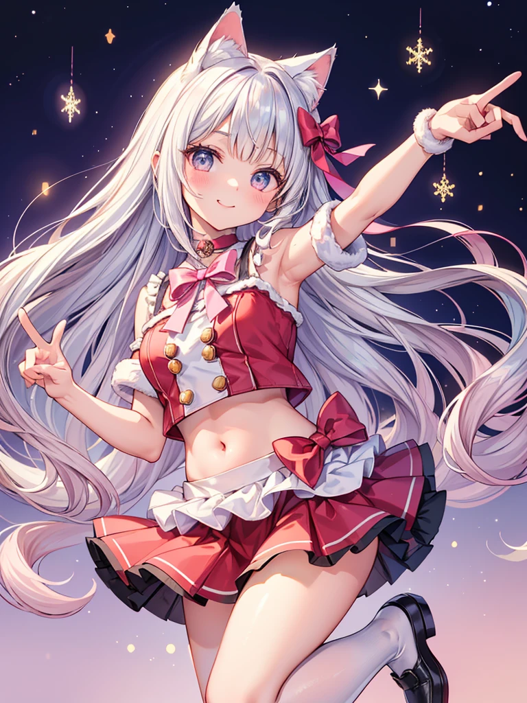 young girl, Long white hair, cat ears, violet eyes, red translucent blouse, Upskirt, Sleeveless, open belly, Smile, open mouth, Masterpiece, hiquality, 4k, HD, Good detail