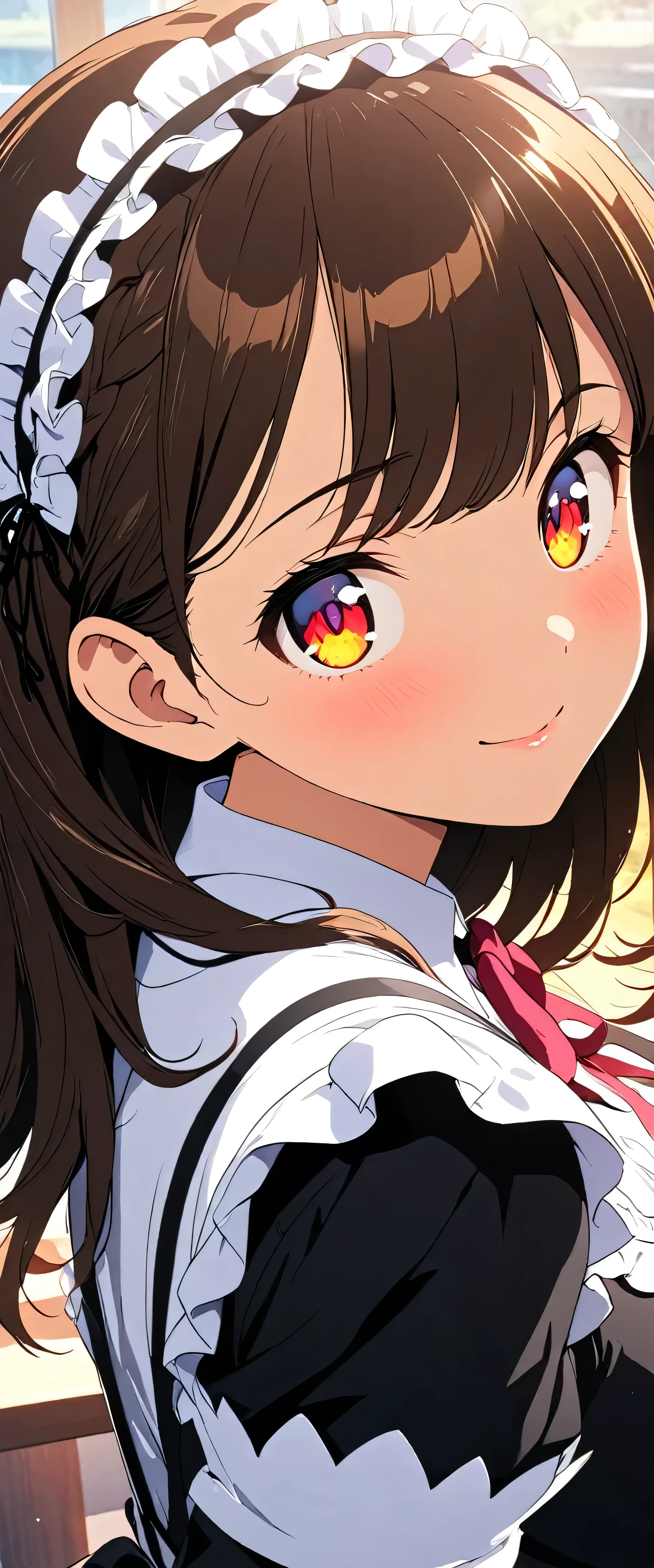 (Close up on the eyes:1.5),(beautiful girl:1.3),masterpiece,Please redeem,Ultra-high resolution, rich contrast,Very high quality,8k,Highly detailed CG unit wallpaper,Texture,So ridiculous,RAW Photos,Highest quality anime,anime-style illustration,studio anime style,professional photograph,an extremely delicate and beautiful,Depth of written boundary 1.2,ultra-detailed eyes,Glowing Skin,Glitter Effect,Beautiful glossy lips, big eyes, round eyes,Sit and pose,(Brown Hair,Crown braid),bashou \(Senran Kagura\),Maid Cafe,Maid uniform,Dynamic Angle,look up:1.3,Friendly atmosphere,Beautiful Hair,Shiny Hair,Detailed face and eyes,Curvy Women,swept bangs,smile,closed mouth,