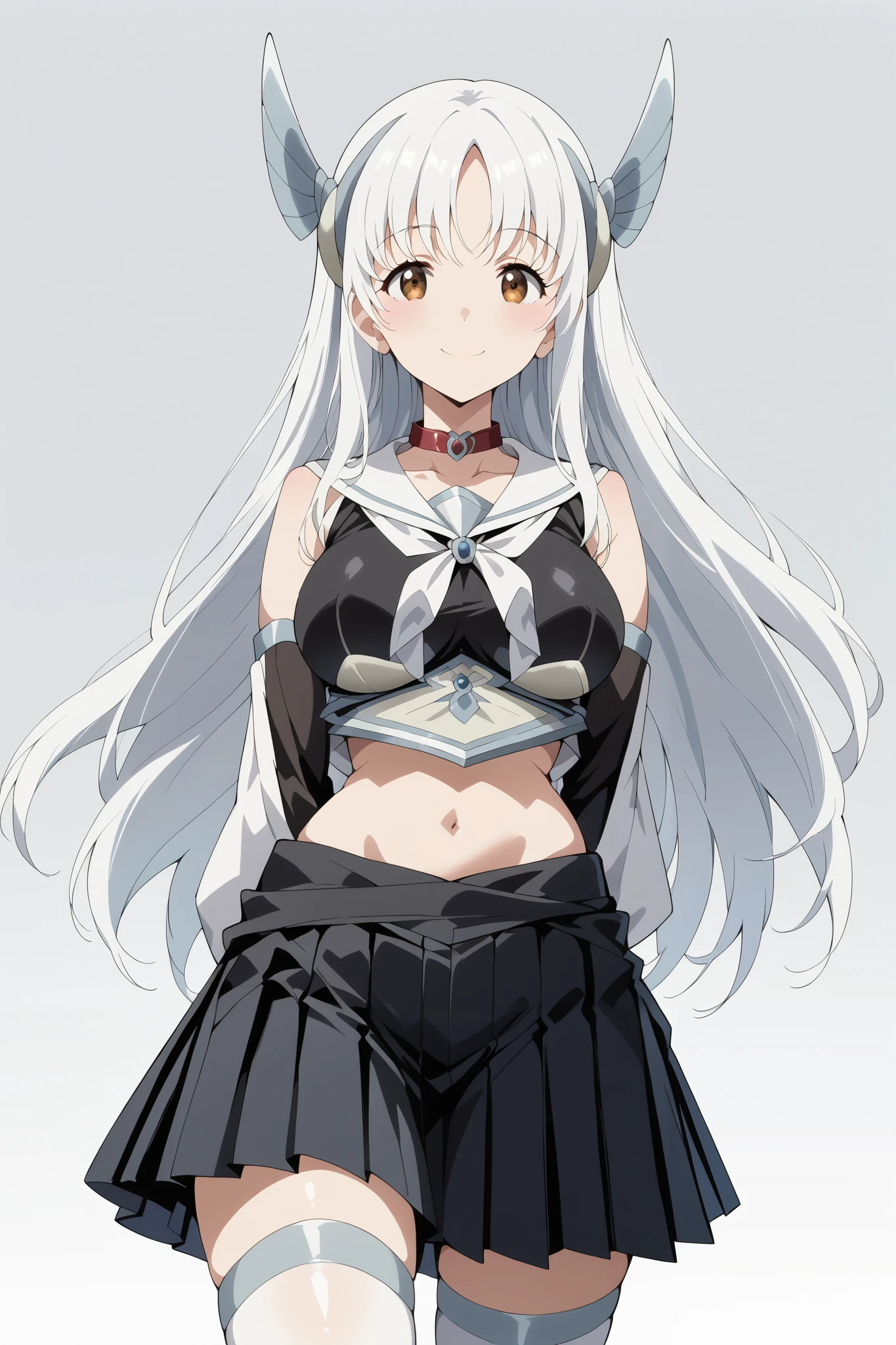 score_9, score_8_up, score_7_up, source_anime, 4K,perfect fingers,(perfect hands, perfect anatomy),prefect lighting, very aesthetic, intricate details,highly detailed background, masterpiece, high quality, best quality,
1girl,kaori shirasaki, long hair, large breasts, brown eyes, white hair, anime screencap,,
wearing ((red choker,black shirt,sailor collar,detached sleeves, black skirt,pleated skirt,white thighhighs,midriff,     )),,
looking at the spectator, cowboy shot, filed, Arms Behind Back, high thigh individual , (large breasts:0.9),Stand up,fullbody,((White plain background:1.5)) ,smile,((front look:1.5)),