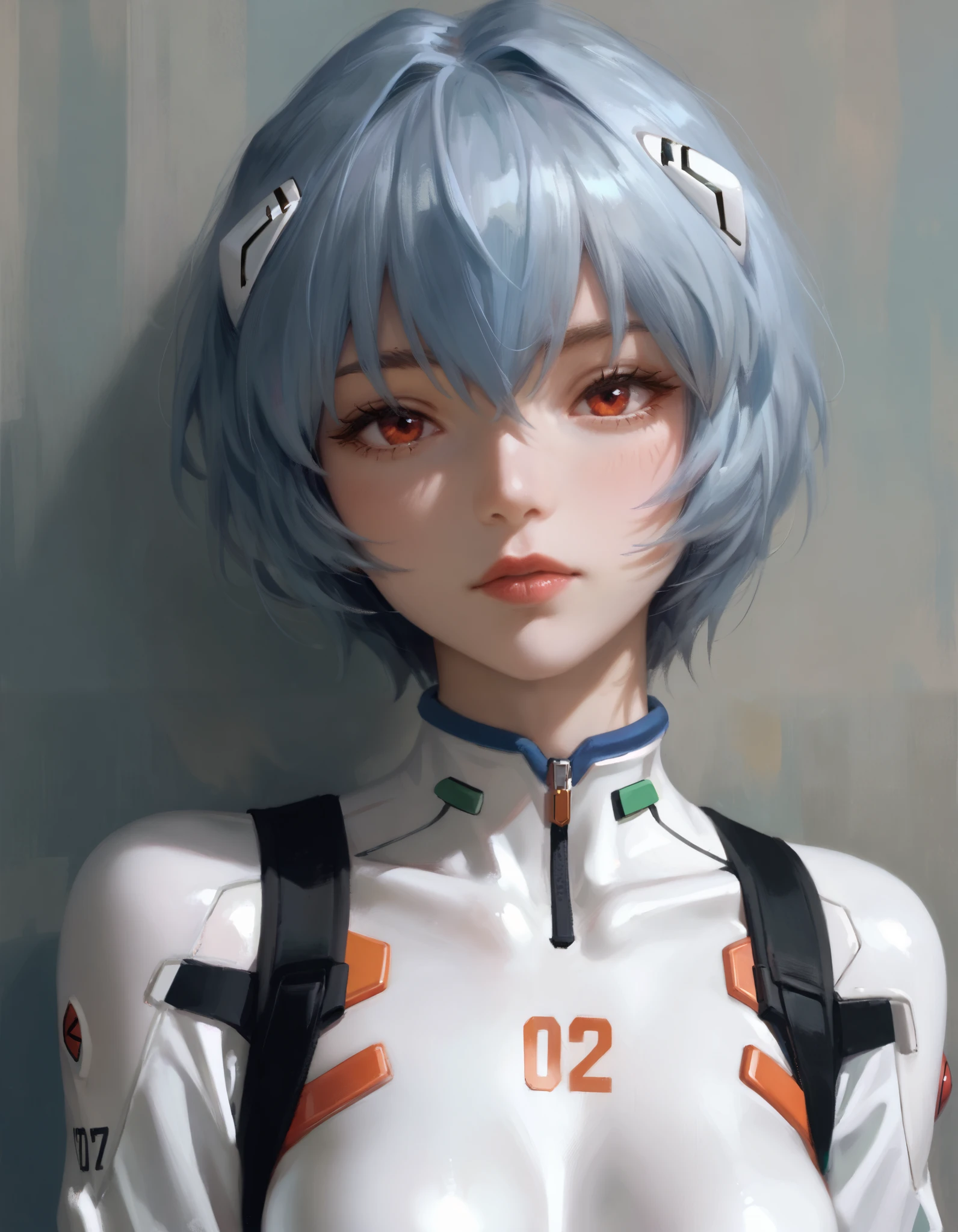 score_9, score_8_up, score_7_up, score_6_up, score_ANIME, looking at viewer, 1girl, ayanami rei \( neon genesis evangelion\), expressionless, red eyes, (number 00 on chest), medium breasts, close up, white bodysuit,