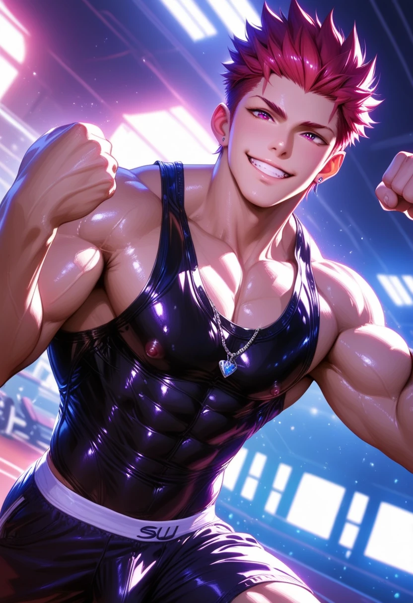 score_9, score_8_up, score_7_up, score_6_up, boy, red hair, short hair, hair down, bangs, smiling, shirtless, purple briefs, cool, front, fit, huge bulge, flexing, looking at viewer, simple white background, concept art, RinotunaYei, 
