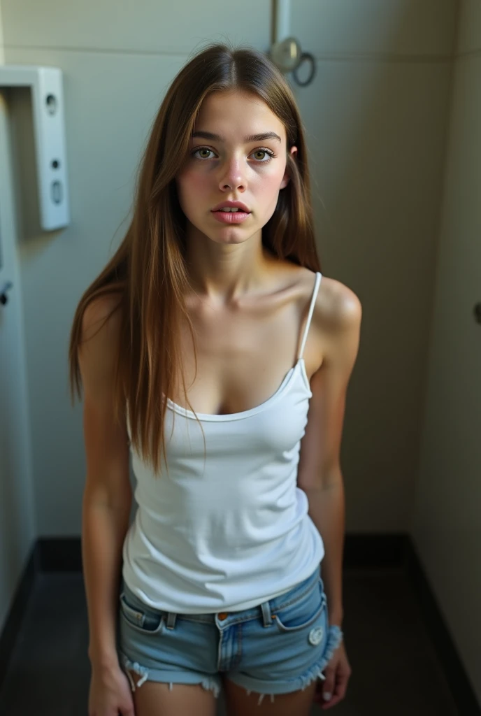 straight hair 21 years white italian  face, youthful, very cute aux cheveux très lisses hazel châtain caucasian, eyelash, makeup, pale beautiful casual girl shy, belle face, magnifique, belle, très belle, belle face, scared expression, peau pâle éclairé teen disturbed and scared stressed, pouting, super-detailed textures. [(tucked in white very fluid light and very thin fine fabric basic tanktop, spaghetti straps, tank top, cleavage débardeur, round neck, col rond en col-U, tucked inside tank top, deep low neckline, white tuck in tanktop flat deep low, deep armholes tucked décolleté)], [(very tight compressed light blue denim high waist mini shorts casual basic, minishorts très serrée micro shorties revealing most of her legs and almost a bit of her lower ass cheeks, Exposed thighs)], arms alongside, thick thighs, wide hips, enlighted face 8k sharp photo, [(she is in an uncomfortable and embarassing posture inside a very messy dirty grungy dark restroom ; in the background : trashbags, garbage bags, dirt, dust)]. bright face, ultra nette qualité, visage lumineux éclairé et corps face à la caméra, lumière blanche, white light.