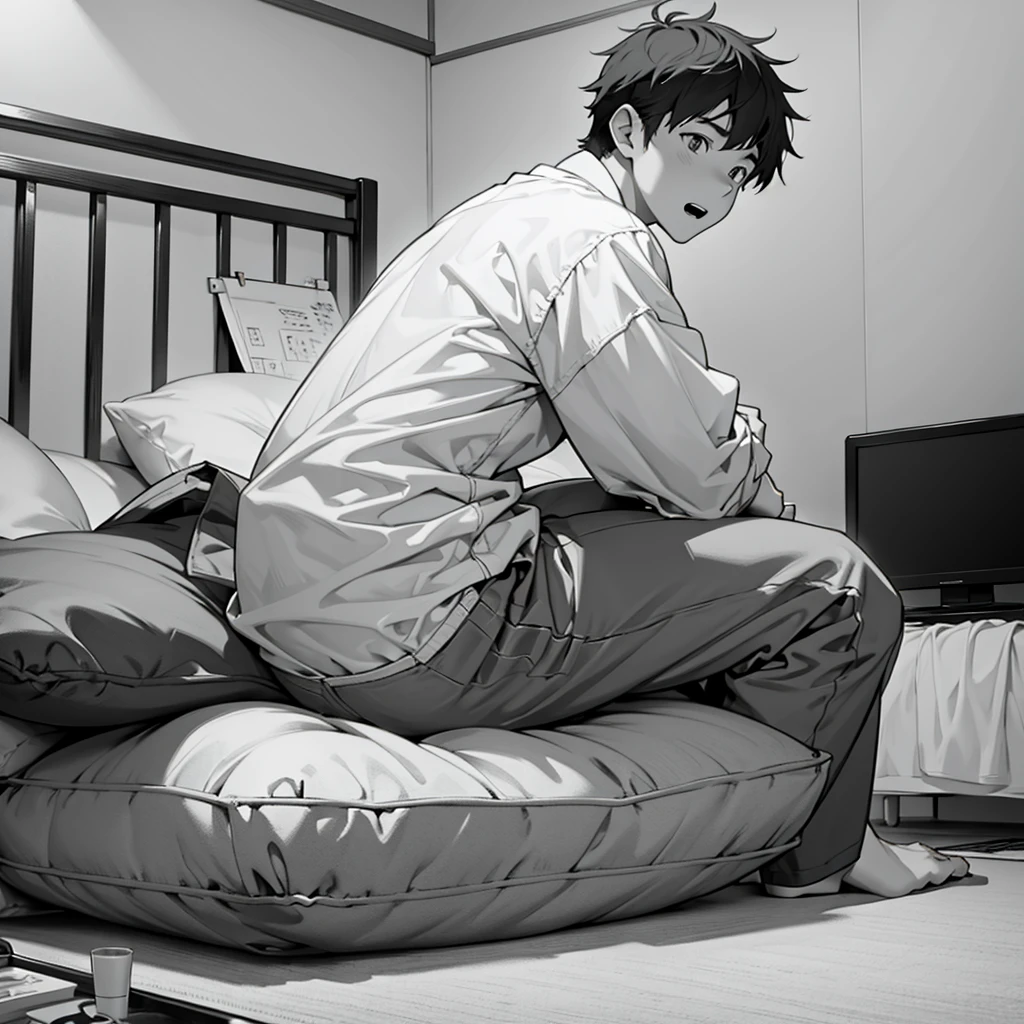 kageyama tobio from the anime Haikyu wearing nothing but his navy blue underwear and white socks sitting on his bedroom on his bed with his foot raised showing the sole of his socked foot showing it to our face as I lay on the floor shrunken to the size of an ant waiting to be stomped on.