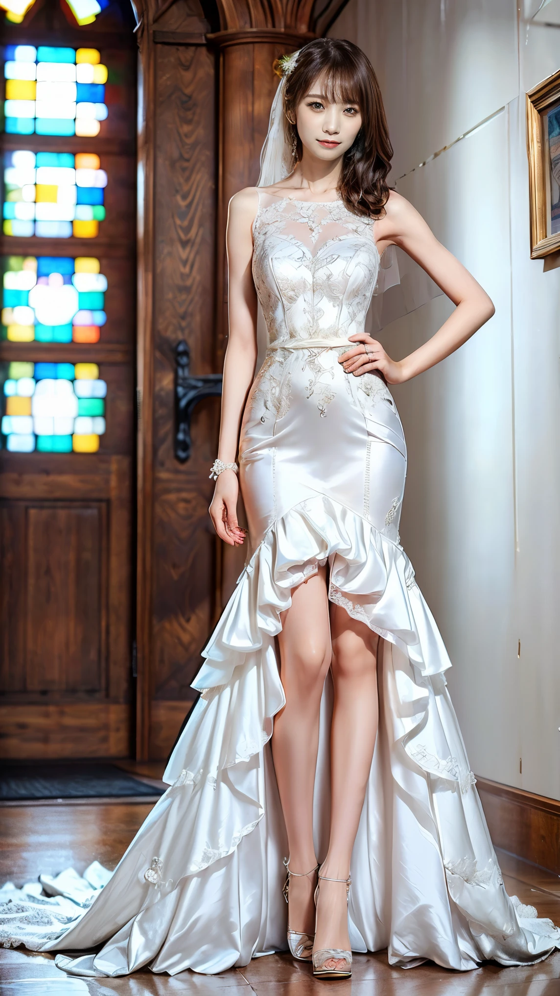 (very slim anorexic slender  skinny body:1.4);  skinny,Abnormally thin thighs, beautiful young Japanese woman , 18 years old, Thin legs,  perfect skin,Beautiful breasts,  ( wedding dress :1.3), (She is standing:1.2),   full body shot ,  high heels by Miguel,  Church environment , ( top quality ,8k, masterpiece:1.3), ( extremely detailed:1.2),  Perfect Anatomy