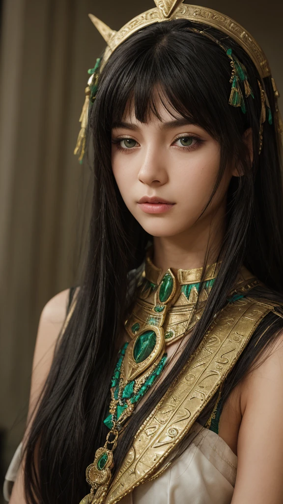black hair, princesswarrior, mayan women, with ornaments,green eyes, in the jungle