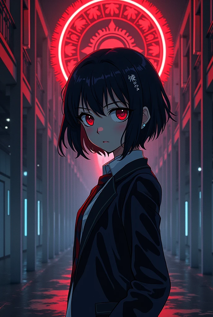a woman with red eyes standing in front of a window, trending on pixiv, behind her is a scary atmosphere, panoramic centered view of girl, anime lighting, forced witness, glass cover, heavy makeup, (screens),A beautiful silhouette of girl with blood particles floating around her, illuminated by a flickering TV monitor displaying a mesmerizing artwork of anime girl,conveying a sense of mystery and intensity,by a renowned anime artist, with a dark and atmospheric background filled with screens and displays, yet captivating the viewer's gaze,(very long hair),(full width cinema screens and displays:1.4),(giant cinema screens and displays:1.6),(zoom at the face:1.3), ((focus on the face:1.3)),((there are girls in giant cinema screens and displays:1.9)), (multiple taint of red 0.6), (soft drops of blood tears), ((dark colors 1.6))
