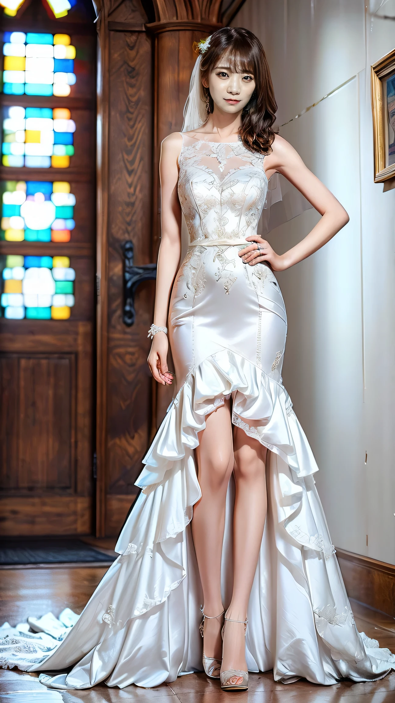 (very slim anorexic slender  skinny body:1.4);  skinny,Abnormally thin thighs, beautiful young Japanese woman , 18 years old, Thin legs,  perfect skin,Beautiful breasts,  ( wedding dress :1.3), (She is standing:1.2),   full body shot ,  high heels by Miguel,  Church environment , ( top quality ,8k, masterpiece:1.3), ( extremely detailed:1.2),  Perfect Anatomy