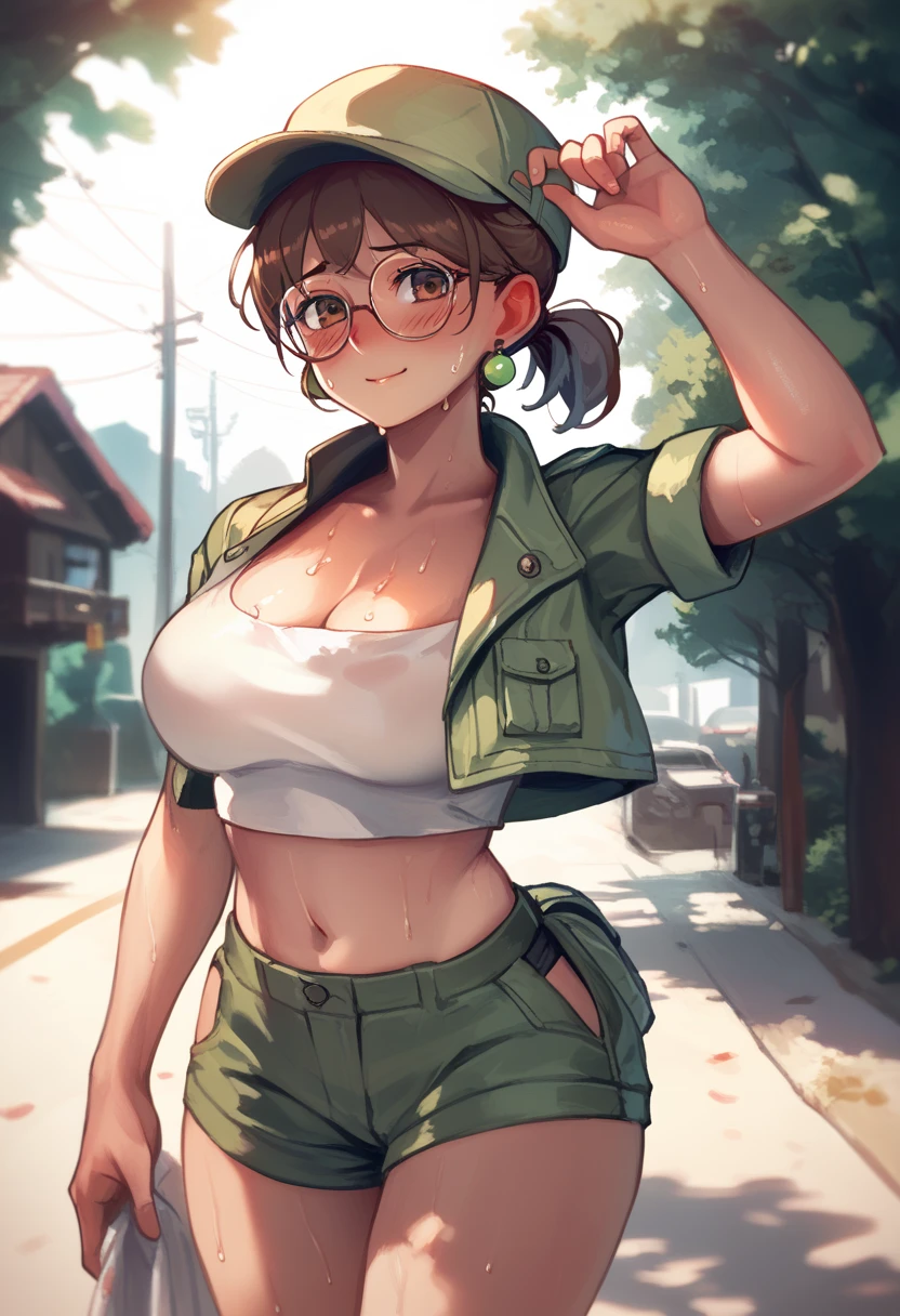 (Masterpiece, Best Quality, High Quality), anime style, fio germi, glasses, cropped jacket, hat, shorts, brown hair, short ponytail, 8k wallpaper, looking at viewer, earrings, outdoors, erotic figure, (blushing:1.2) , sweating, big breasts, cleavage