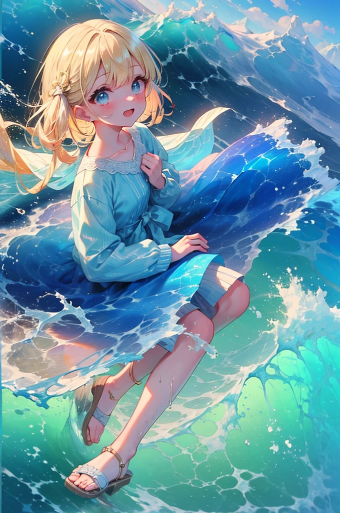 (8k,  super high quality , masterpiece:1.2),  super high res,  cute,  girl , solo, whole body, Blonde, Blue Eyes, blue hawaiian dress, Floral, Sandals, sea, Wave like a  ,  bright smile,  innocent face,  open your mouth, soaked, whole bodyに水滴,  their chest is soaked in water , Damp , 