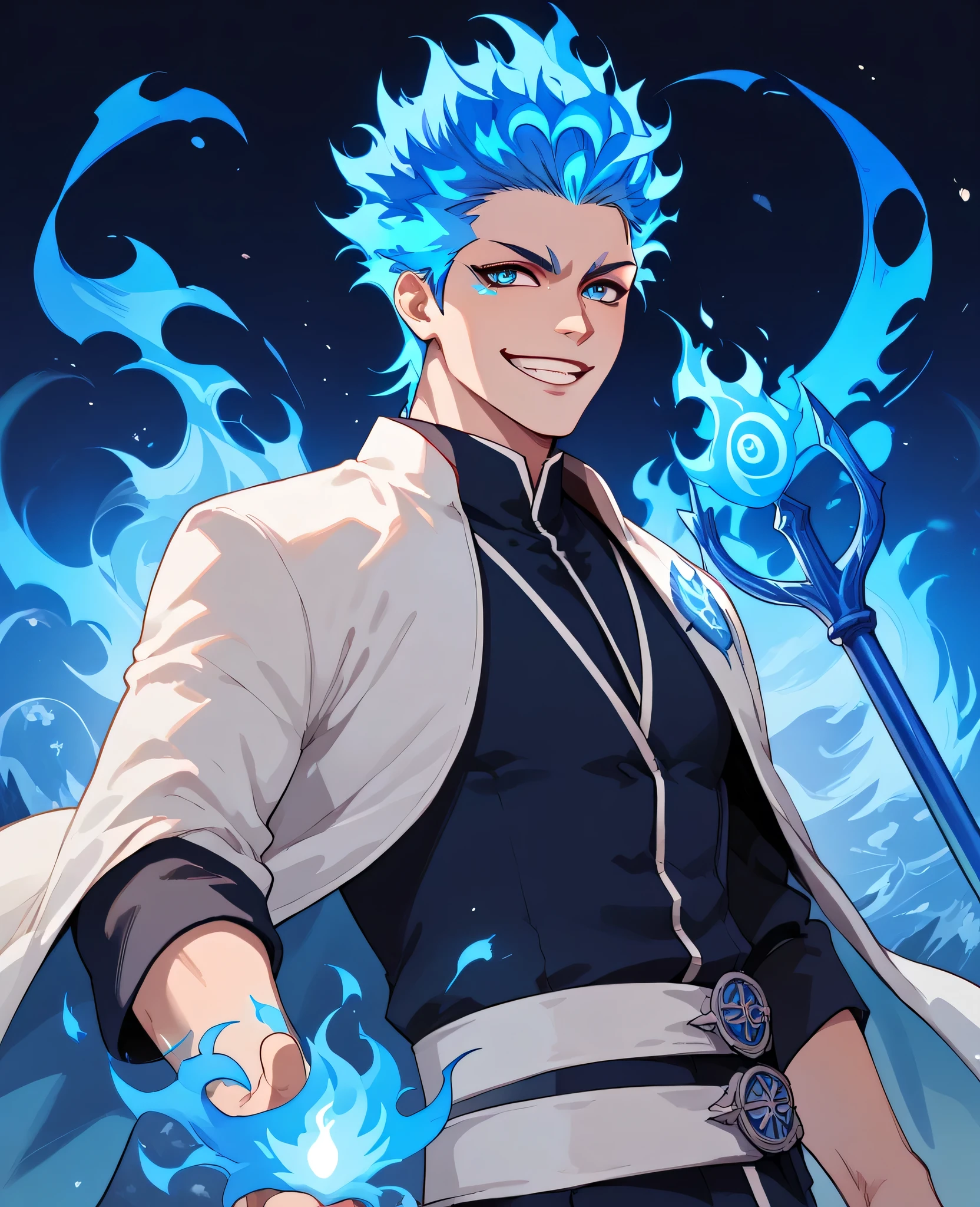 man, flaming hair, white skin, anime style, blue fire powers, blue eyes, blue hair, four eyes, short hair, smile, blue energy trident, blue fire, blue flame throne, spiky hair, blue flame lake, blue japanese temple, adult, Poseidon, Grimmjow