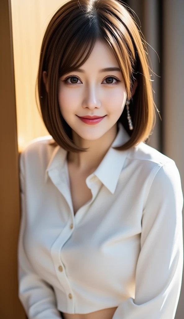 ((masterpiece)), ((Highest quality)), ((Complex)), ((Surreal)), (Realistic), (Mature Woman), ((No classes)), Very detailed, (1 female), Beautiful and exquisite, (Beautiful Teeth), Grin, Brunette Bob Hair, Brown eyes, ((blouse)), (Upper Body), (background:none), Perfect Eyes, Captivating eyes, Looking at the audience