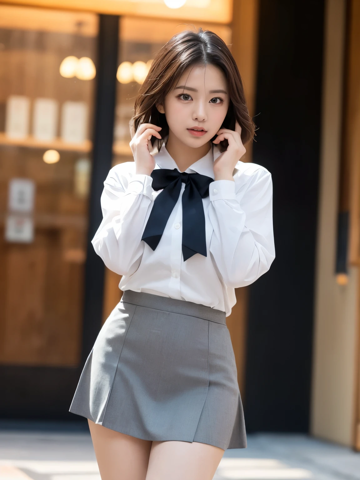 ((of the highest quality, 8K, masutepiece: 1.3, Raw photo)), Sharp Focus: 1.2, (1 AESPA Girl :1.1), Solo, (Realistic, Photorealistic: 1.37), (Face Focus: 1.1), Cute face, hyperdetailed face, short messy hair, Small Smile, slender, (white blouse, skirt: 1.2), standing office room, (show panties:1.2), bloom flower