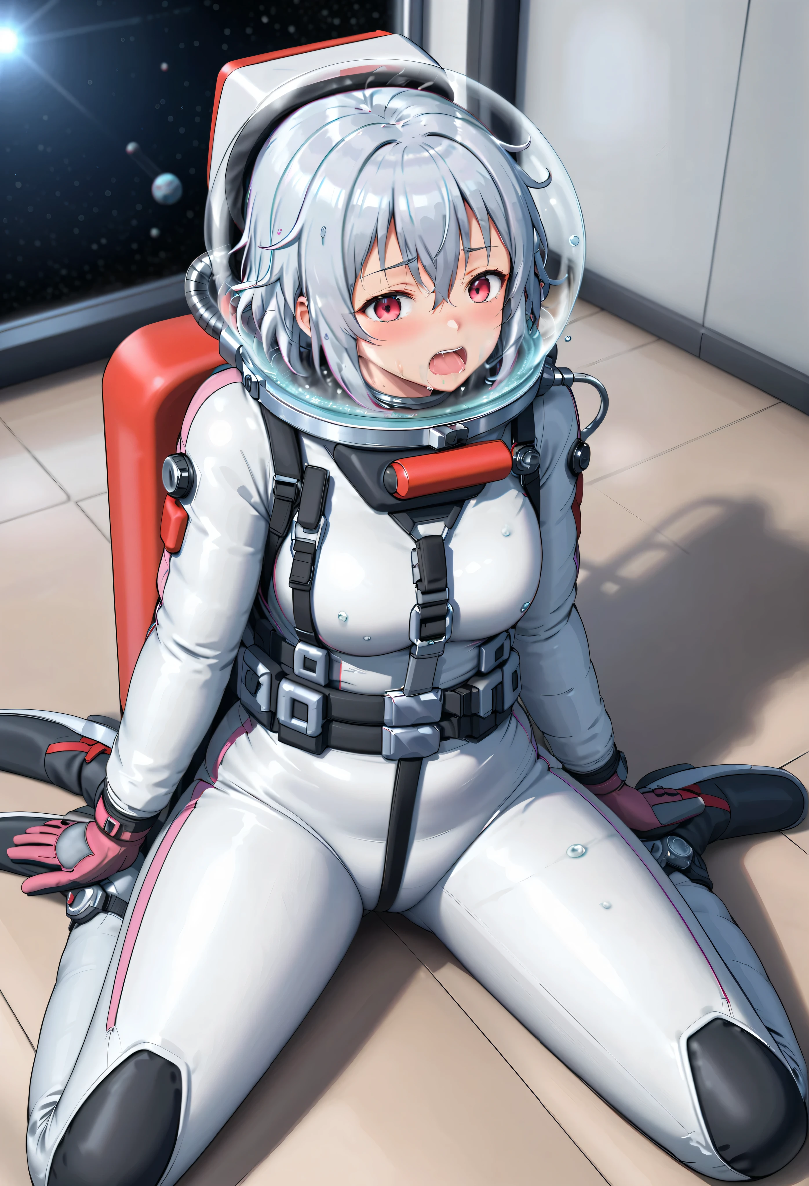 (Space suit:1.15),  white trucker pants , astronaut)Bubble Helmet, Space Helmet ,hypoxia , Drooling, Drooling, sweat,  blush,  watching the audience, lie , indoors, in floor, floor, masterpiece,  Best Quality , 1 Girl,  unique , Red Eyes, , {{{ messy hair :1.6}}},  bangs,   spread his legs, Sitting, , Short hair, Art statement :1.2),  pain，There is water in the helmet ， of water seeping out of the helmet and onto the ground，Vomited a lot ， vomited in the helmet