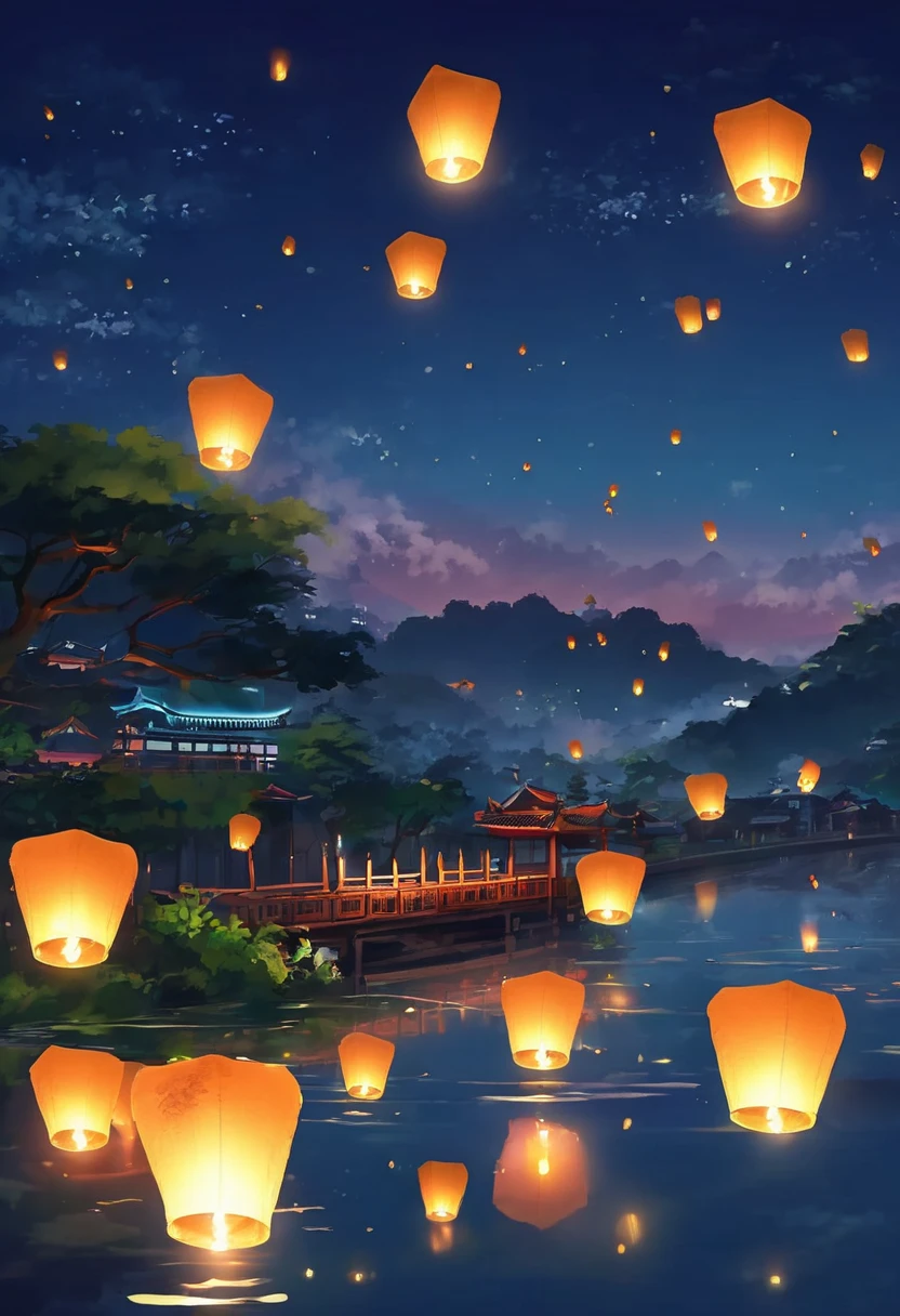 1. Place River Lamps by the River ，Many sky lanterns light up on the surface of the water, Floating lights ,  Light and Reflections , flash!  Intermediate Metaverse Elements ，number,   Glowing Reflections  , think. author：Shinkai Makoto, Water Lamps ,  Quiet Nights . number插图,  Beautiful Atmosphere ,  Night Sky Lights ,  Quiet night atmosphere , 美丽的number艺术作品,  Low Detail. number,  Beautiful Atmosphere 