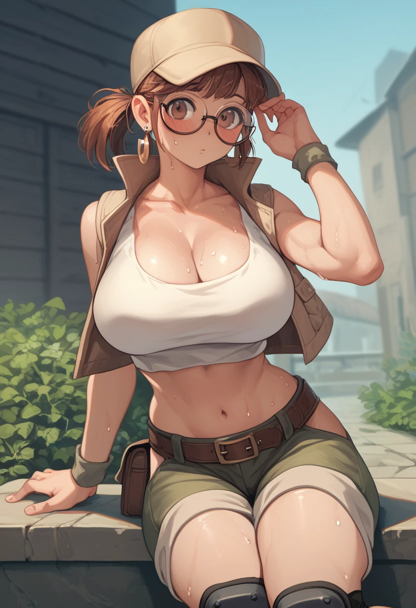 (Masterpiece, Best Quality, High Quality), anime style, fio germi, brown hair, glasses, medium hair, ponytail, brown eyes,crop top, hat, jacket, knee pads, shorts, sleeveless, navel, belt,8k wallpaper, looking at viewer, earrings, outdoors, erotic figure, (blushing:1.2) , sweating, big breasts, cleavage