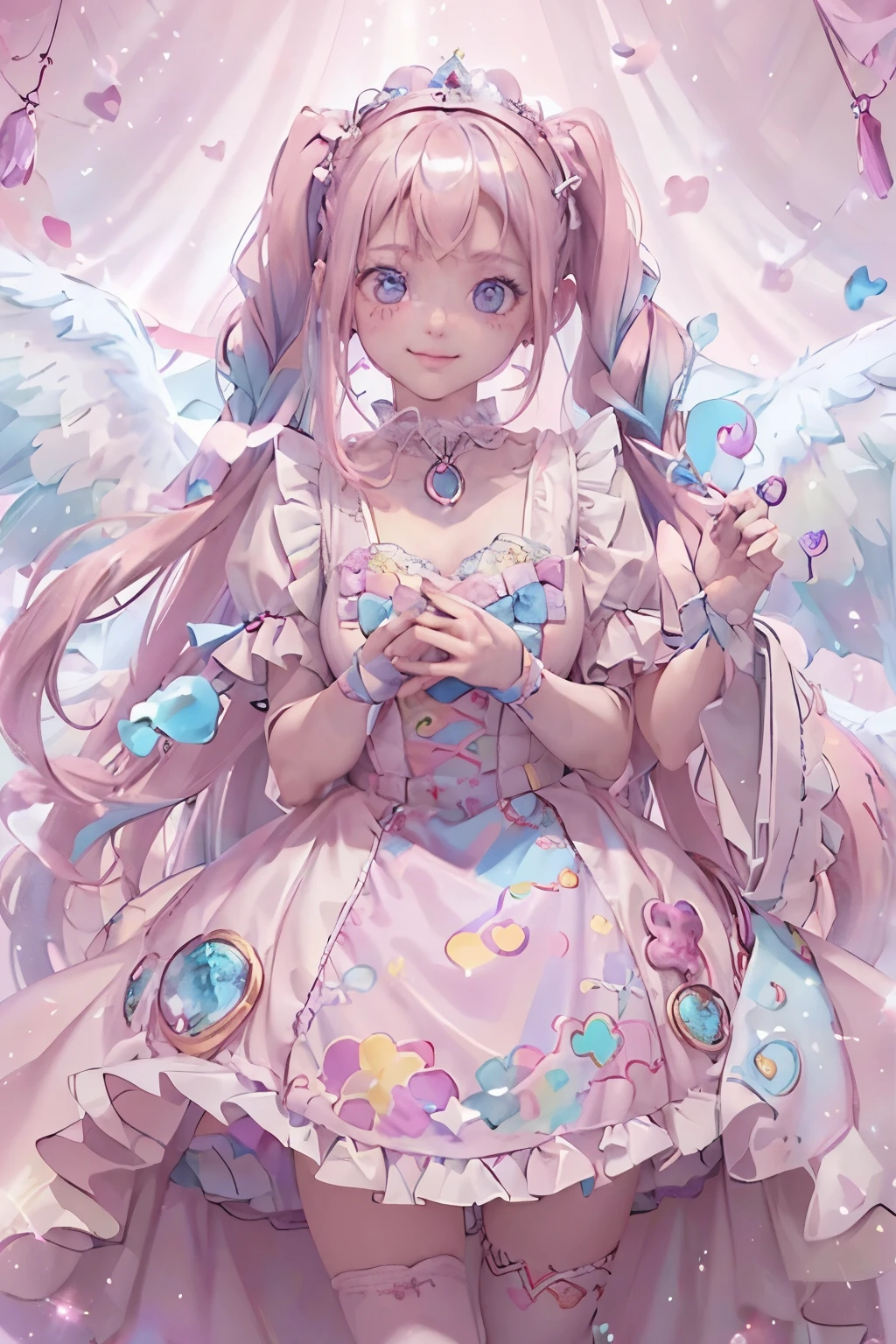 (8k, top quality , masterpiece : 1.2), super high res, Beauty , super detailed face, DETAILS EYES ,Nose Flash ,( pink hair, Light Blue Multicolored Hair Poses ),bang, twin tails, Has no expression ,break, sailor collar, Candy Pattern ta Fashion , white knee-high socks , lavender-colored dress , Detailed Hands and Fingers ,( heavenly iridescent light :1.4), is standing, pink canopy bed , simple background , heavy makeup , smiles, Bright Eyes , eyes sparkle, odd-eye,