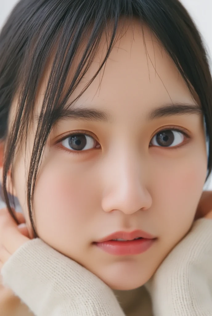 ((Extremely precise and accurate anatomy:1.0)), (photo realistic:1.4), (Hyper realistic:1.4), (Highest qualityの現実的な肌の質感:1.4), (Improvement of quality:1.4), (Enhances the beauty of skin texture:1.1), Clean and glowing skin,(((masterpiece、Attention to detail、Ultra-high resolution、Cute Japanese Woman)))、length, Straight black hair frames her face、Each strand of hair is clearly visible、The skin is white and smooth、Has a natural glow、Fine skin、毛穴のExpressing every detail、A detailed look at the areas with slight redness on the forehead and cheeks、The eyes are dark brown.、Iris Detail、Expressing color gradations and patterns、length, Natural Eyelashes, well-groomed eyebrows、personal々The hair is clearly visible、Light reflects off the eyes、Create small highlights、The nose is delicate、nose孔の細かいディテール、Lips are plump and naturally pink、Fine lines and soft curves of the lips、Glossy Lips、Enhances the shape of your lips、Detailed depiction of lip texture、((depiction of light and shadow))、Soft natural light gently illuminates your face from the front、A faint glow on the forehead, nose, and cheeks、The shadows are softly cast along the contours of the face.、Accentuate the curves of your cheekbones, chin and sides of your nose、Her lip gloss subtly reflects the light...、Increases lip plumpness、The shadows in the hair add depth and dimension、Your hair sparkles in the light、The background is simple and blurry.、Focus on the face、(((Highest quality、Expressing every detail)))