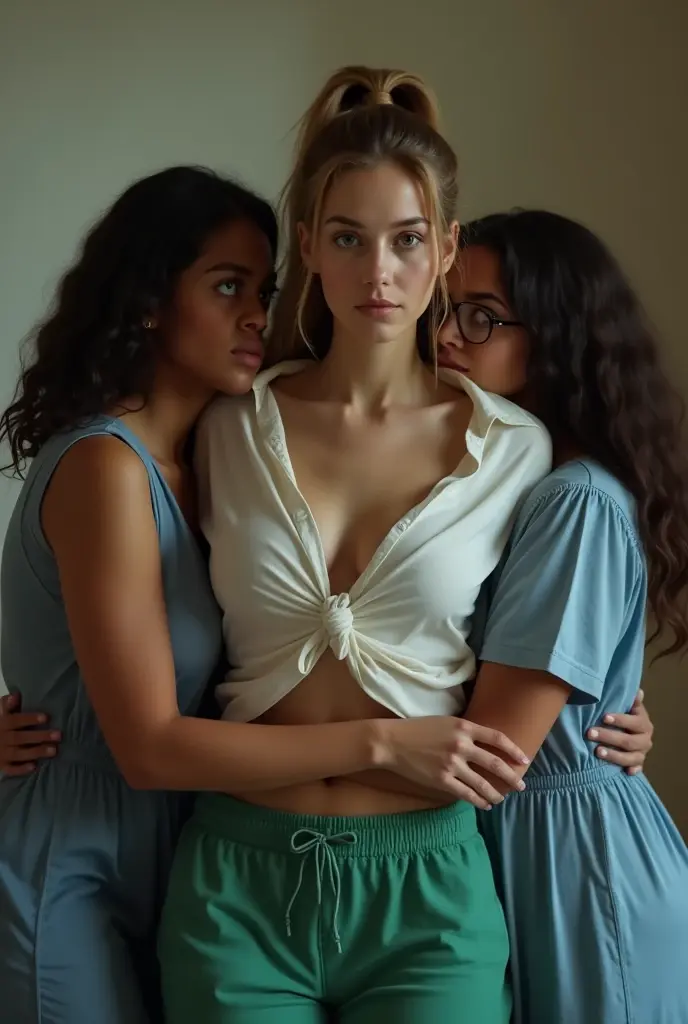 Create a photo of a 30 year old young woman, with long light brown hair tied in a ponytail with a lock of hair over her face, slender and beautiful body, wearing green sweatpants and an open white shirt without a bra with bare breasts, with white and clear skin, is facing the camera being hugged and lifted high into the air on the lap of two black teenagers, dark-skinned, obese, ugly, low, with short hair who is wearing a blue dress and glasses