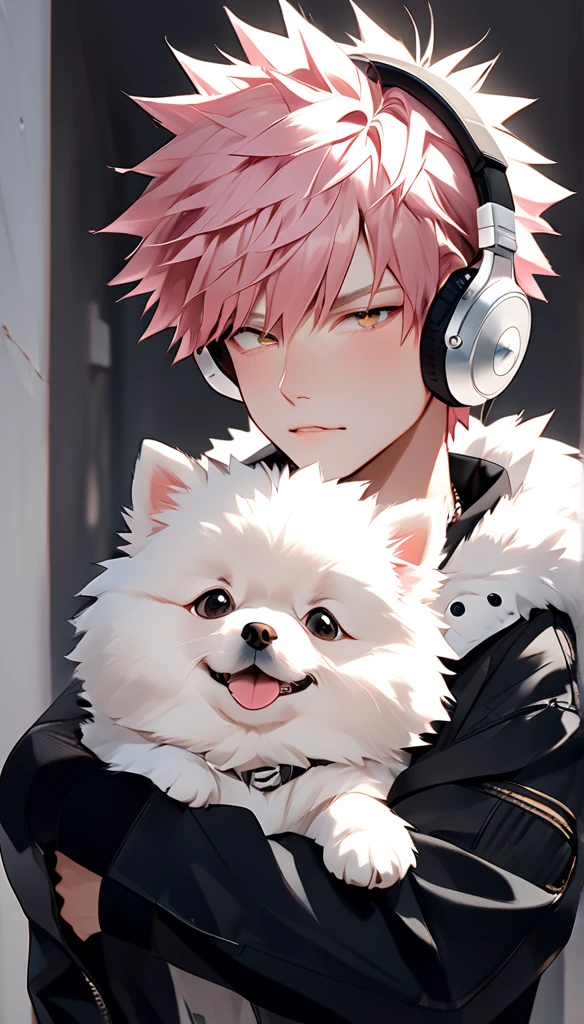 "A young man with bright pink hair , bright skin, and the soft expression , wearing an oversized black jacket.  He wears silver headphones around his neck and has earrings in his left ear .  The man hugs an adorable looking white fluffy Pomeranian dog.  The background is plain white ,  gives full focus to the character of the man and his dog ."